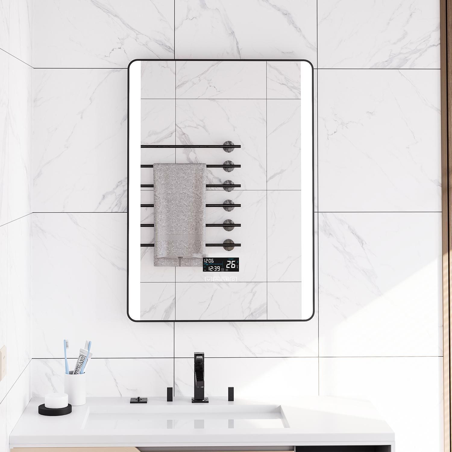 Miroir à DEL Ecoway Luna, Miroir de salle de bain éclairé monté au mur avec haut-parleur Bluetooth, anti-buée et horloge