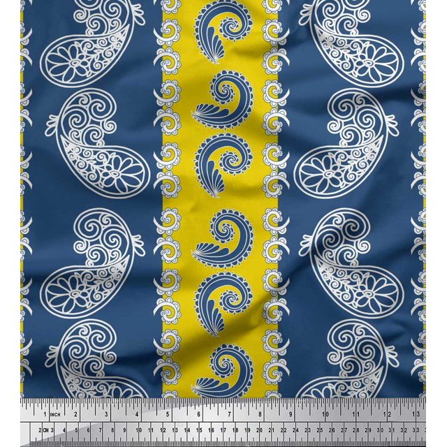 Soimoi Yellow Poly Georgette Fabric Stripe & Paisley Fabric Prints By Yard 52 Inch Wide