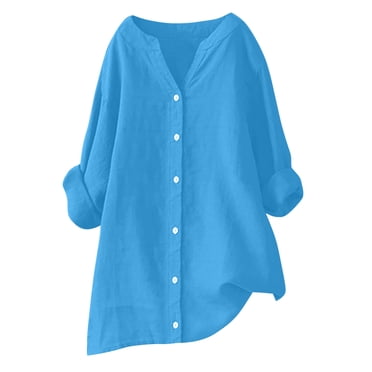 Timegard Long Sleeve Shirts for Women Plus Size Cotton Linen Button up V-Neck Blouse Casual Loose Tops