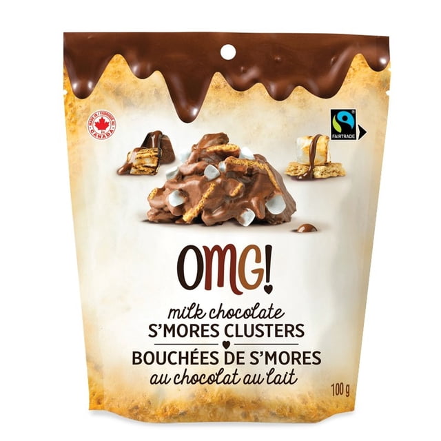 OMG! Milk Chocolate S'mores Clusters 100g pouch featuring bite-size clusters of milk chocolate, crunchy graham cracker pieces, and soft mini marshmallows, made with Fairtrade chocolate and marked with a Canadian origin symbol, suitable as a convenient chocolate snack.