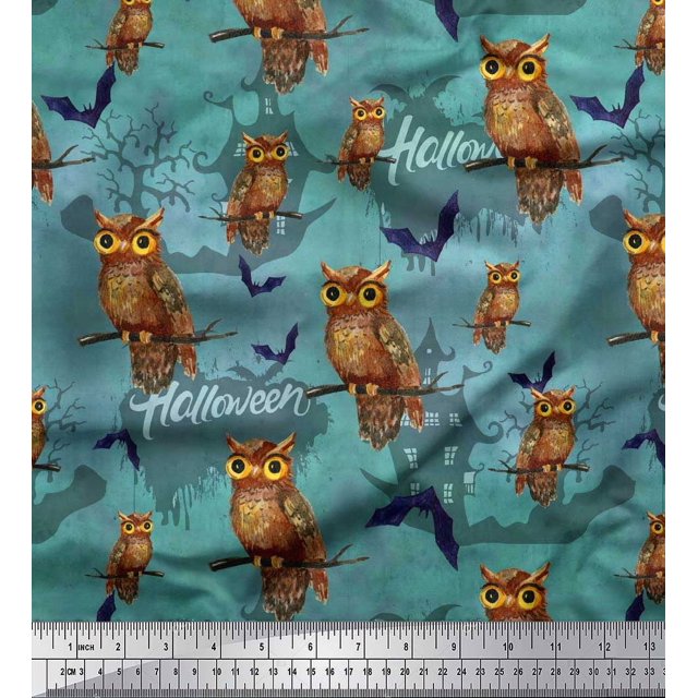 Soimoi Modal Satin Fabric Owl,Bat & Haunted House Halloween Print Sewing Fabric Yard 42 Inch Wide