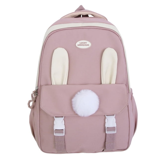 University School Bag Girls' Daypack High School Junior High School Backpack Large Capacity Backpack in a soft pink color with a playful design featuring bunny ear accents and a fluffy white pom-pom on the front pocket. Made of lightweight, waterproof, and durable polyester with padded shoulder straps for comfort. Suitable for school, travel, or daily use.