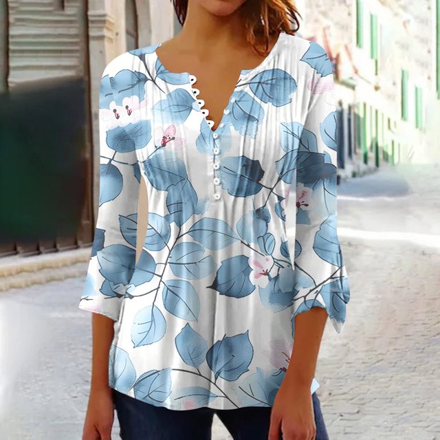 Blouses pour Femmes, T-shirt Imprimé Mode Manches 3/4 Blouse Col en V Hauts Décontractés