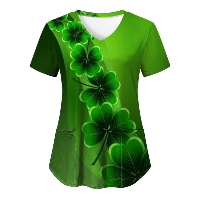 Birdeem Mode de la Saint-Patrick pour Femmes, Col en V, Décontracté, Manches Courtes, Imprimé, Poches, Hauts Blouse pour Dames