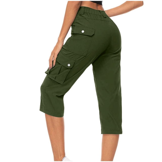 Erwazi Pantalon Capri Cargo pour Femmes Taille Haute Randonnée Décontracté Voyage Pantalon d'Été avec 6 Poches