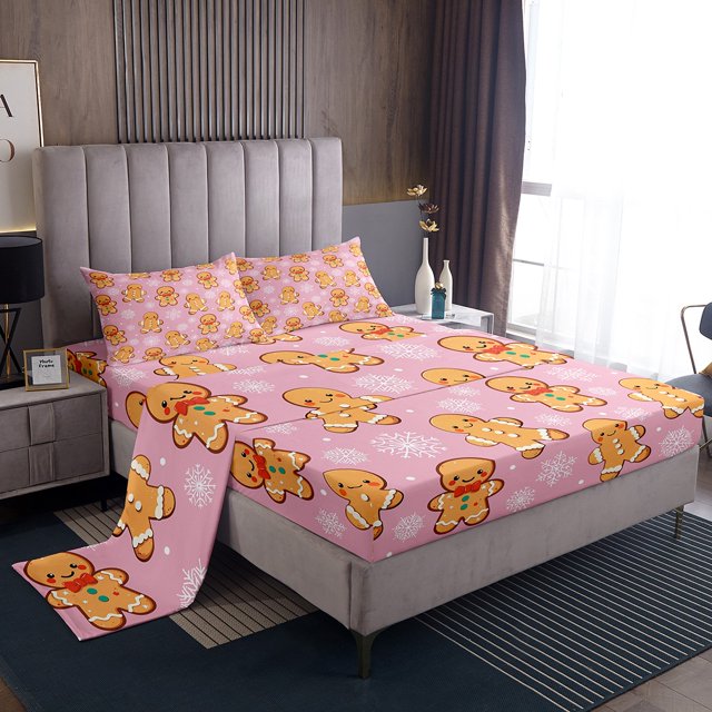 Christmas Gingerbread King Sheet Set,Cute Gingerbread Man Bed Sheets Set,Xmas Snowflake Flat Fitted Sheet Girls Christmas Gift Sheets,Pink Christmas Decoration