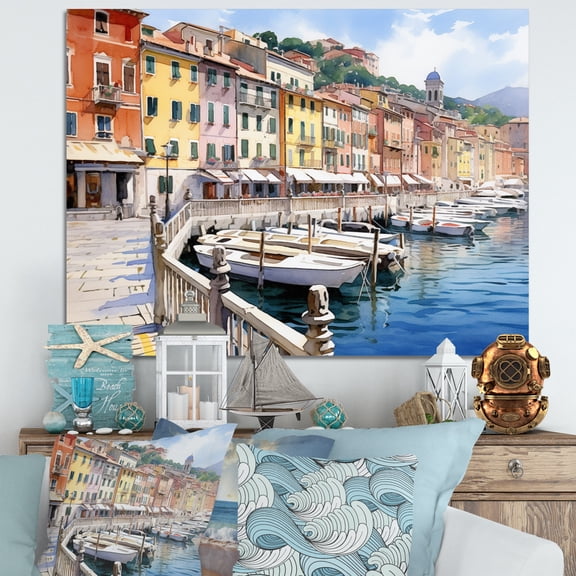 Designart Art Mural Côtier, Charme Côtier Italien Élégance Méditerranéenne, Grande Décoration Murale Côtière, Art Mural sur Toile Nautique et Côtier Blanc, 20x12 Pouces