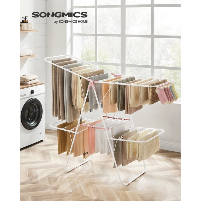 SONGMICS Clothes Drying Rack, Foldable 2-Level Laundry Drying Rack, Free-Standing Laundry Airer, with Height-Adjustable Wings, 33 Drying Rails, Sock Clips, White and Pink