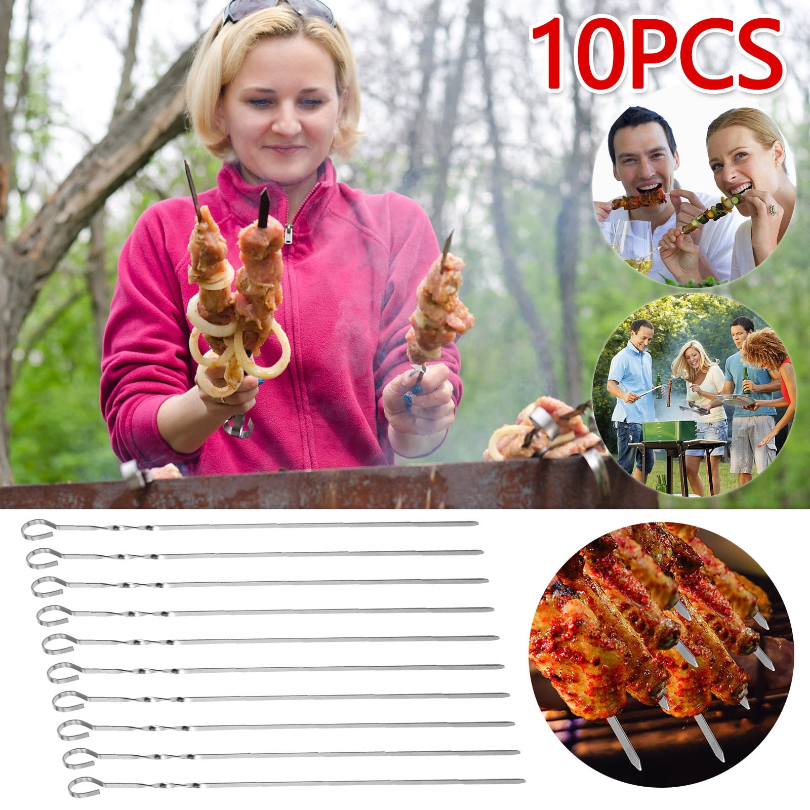 EGNMCR 10 Of Cloth Bag Grilled Skewers Threaded Stainless Steel Large Flat Grilled Sticks Outdoor Grilled Lamb Skewers BBQ Grilled Needle Barbecue Skewers BBQ sign