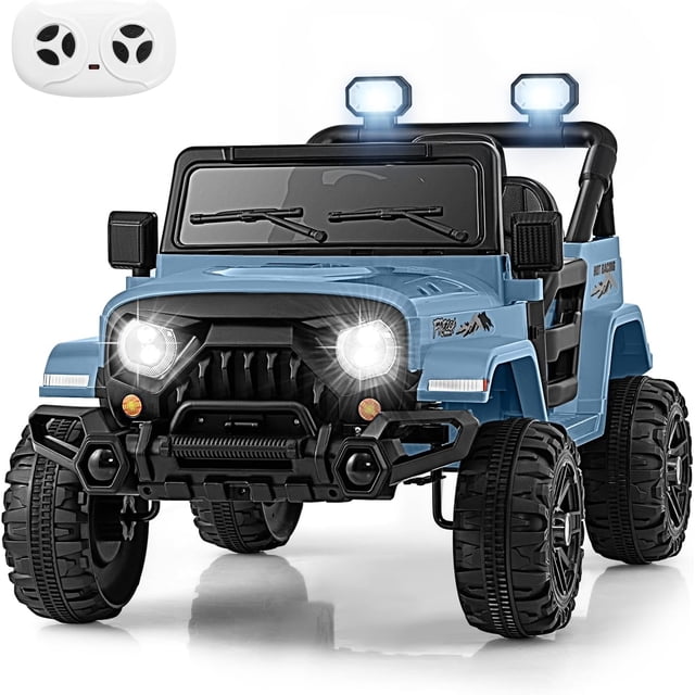 OLAKIDS Ride on Truck, a 12V battery-powered electric vehicle for kids aged 3 and up, shown in a blue Jeep-style design with bright LED headlights, rugged black tires, and a detailed front grille. The vehicle includes a remote control for parental operation, Bluetooth connectivity, and built-in music features. It has double-lock doors, a rotating steering wheel, and a 2-point safety belt for secure play. Suitable for various terrains, this ride-on toy offers speeds up to 4 mph and a playtime of 1-2 hours per charge.