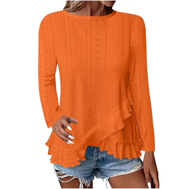 Plebaso Hauts à Oeillets à Manches Longues pour Femmes, Col Ras du Cou, Blouses à Volants, Chic, Ourlet Irrégulier, Chemises de Printemps pour Femmes