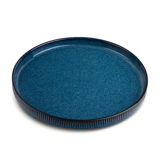 Yellowstone Ceramic Round Round Dinner Plate, John Collection in deep blue stoneware with reactive glaze and vertical ridged rim, shown front-facing on white background, microwave and dishwasher safe, ideal for serving meals and suitable for casual or formal dining.