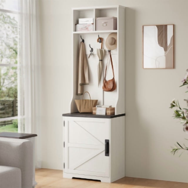 77" Freestanding Entryway Hall Tree with Shoe Storage, Space-Saving Coat Rack Featuring 5 Hooks, 2 Open Cubbies and Shoe Cabinet for Hallway, Living Room and Mudroom, White/Brown
