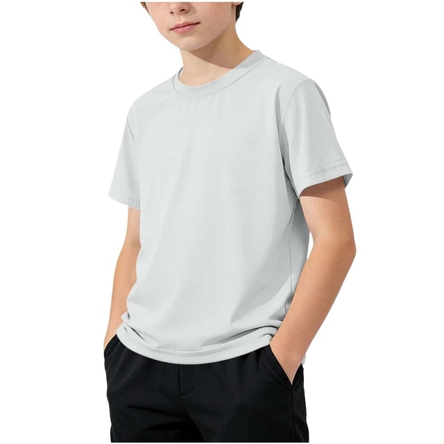 Zpanxa Boys Athletic Shirts Solid Color Round Neck Short Sleeve Tee Large Outdoor Sports Breathable Top With Polyester 12-13 Years
