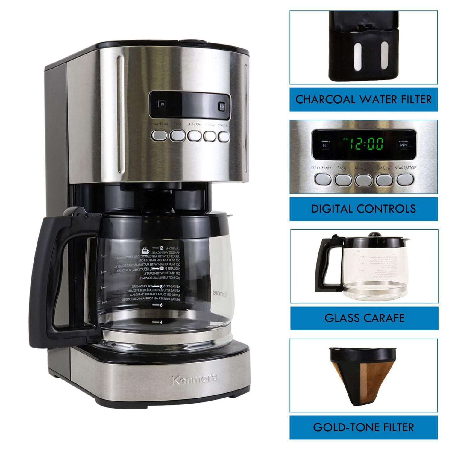 Kenmore Programmable 12-Cup Coffee Maker, Stainless & Black, Auto Brew & Keep Warm Functions