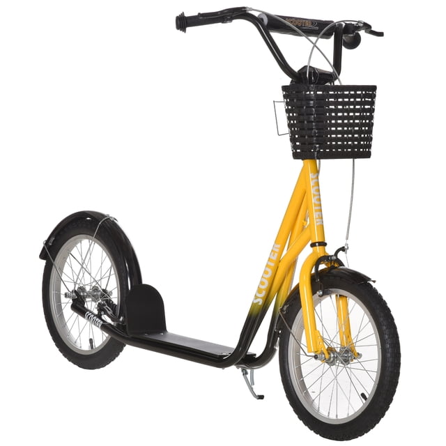 Aosom Kick Scooter for kids, featuring an orange and black steel frame with an adjustable handlebar. The scooter includes a wide textured foot deck, dual front and rear braking system, and large inflatable rubber wheels with thick treads for a smooth ride. It is equipped with a black plastic basket and a metal cup holder for storage, mud flaps for wet road use, and a kickstand for convenience. Suitable for children aged 5-12 years, with a maximum weight capacity of 220 lbs.