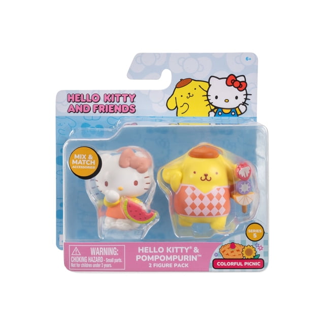 Hello Kitty® and Friends 2 Figure Pack - Perfect Pairing Picnic with 2-inch Hello Kitty® holding a watermelon slice and Pompompurin™ holding a fruit kabob, both in picnic-themed outfits with mix-and-match accessories, part of Series 5 collectible plush toys.