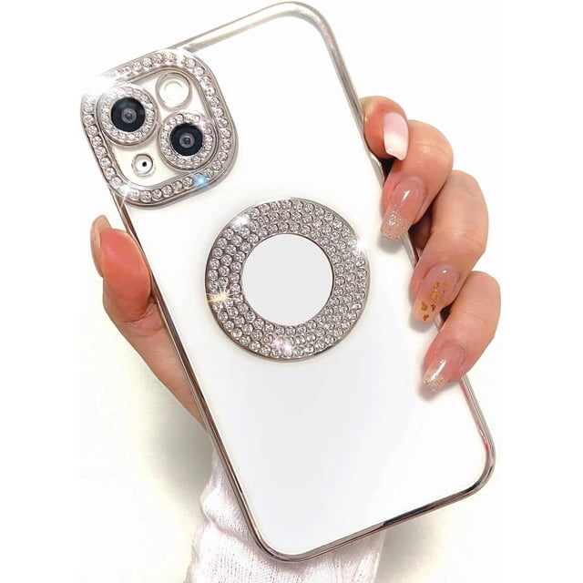 Supershield iPhone 15 Pro Max Case, Camera Protection with Glitter Sparkle Diamond Bling Rhinestone Shiny Cute Cover with Logo View Case Compatible with iPhone 15 Pro - Silver