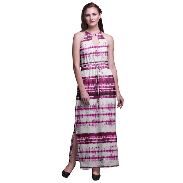 Bimba Robe Longue de Soirée à Col Rond Imprimée avec Fentes Latérales pour Femmes Tie-Dye-TTG