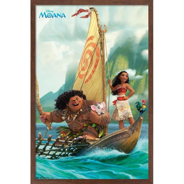 Disney Moana - Group Wall Poster, 22.375" x 34" depicting Moana and Maui on a Polynesian outrigger canoe with a large sail marked by a red spiral, Maui holding a small pig, and a rooster perched on the canoe's bow, set against misty green mountains and turquoise ocean waves, printed on glossy satin finish paper and framed in brown wood, suitable for vibrant room decor or themed parties.