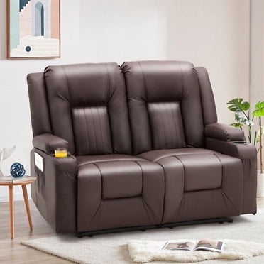 YODOLLA 2-Seat Manual Recliner Loveseat with Cup Holders, Faux Leather, Brown