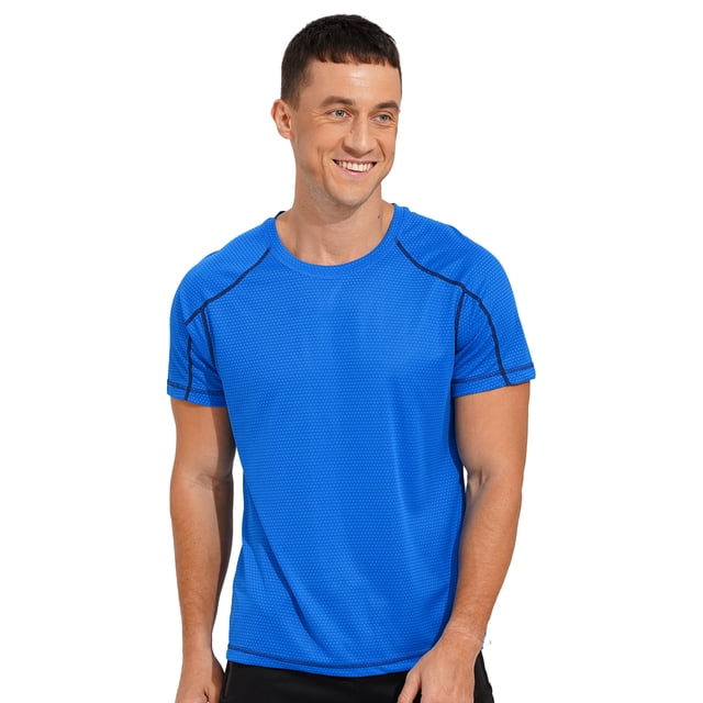 Raenseen Men's Rash Guard Swim Shirts Short Sleeve UPF 50+ Swimming Top Gym Workout Muscle Tee Tops Lake Blue M