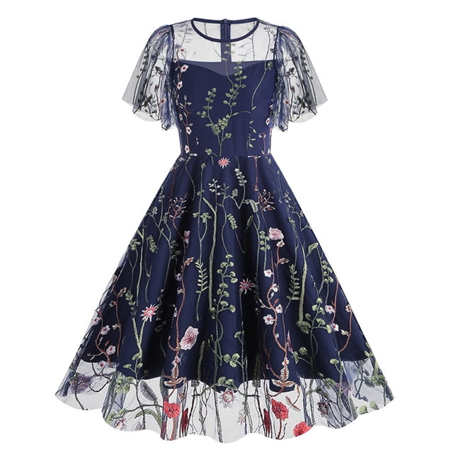 Meichang Robe Trapèze en Maille pour Femme, Robe Midi Rétro à Fleurs Évasée, Tunique Mode à Manches Courtes, Col Ras du Cou, Robe d'Été Évasée pour Église, Invitée de Mariage, Travail