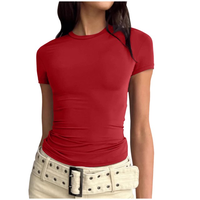 RKSTN Hauts pour Femmes Tendance Coupe Ajustée Manches Courtes Col Rond Hauts de Couleur Unie Basiques Chandail Décontracté T-shirt de Mode Polyvalent