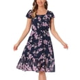 thumbnail image 4 of INSPIRE CHIC Robe pour Femme Florale à Encolure Carrée Manches Volantées Style Casquette Midi à Volants Robe d'Invitée de Mariage S Bleu Rose, 4 of 6