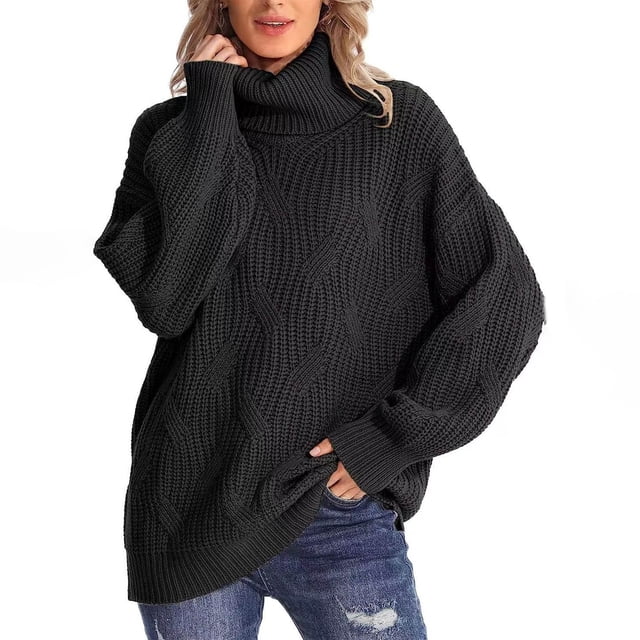 Qertyioot Chandails Surdimensionnés pour Femmes Col Roulé Mode Manches Longues Chandail Décontracté