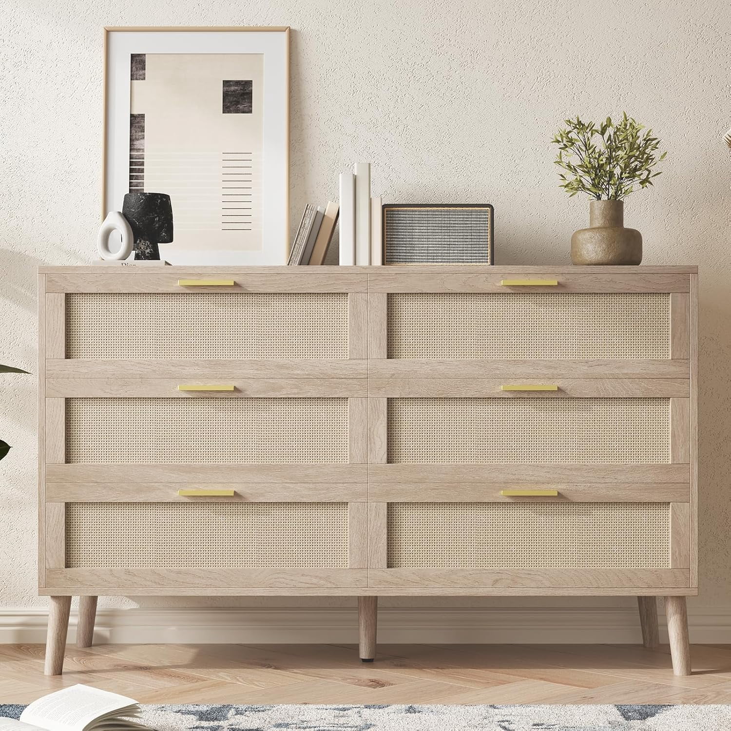 6 Drawer Rattan Dresser, 47.2" x 15.7" x 29.5" Rattan Chest of Dressers, Mid Century Modern Dresser for Closet with Handles, Large Table Top, Dressers Bedroom, Living Room, Hallway (6 Drawers)