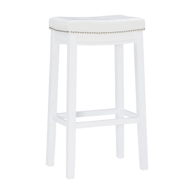 Warren White Barstool with a white painted solid wood frame and four legs connected by footrails, featuring a padded white faux leather seat with silver nail head trim. The 32.25-inch high seat supports up to 275 pounds and fits counters 40 to 43 inches tall, suitable for kitchen or bar seating.