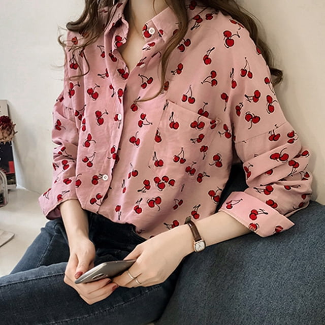 Haut pour Femme Lady Fashion Rétro à Imprimé, Manches Longues, Col à Revers, Chemisier Décontracté