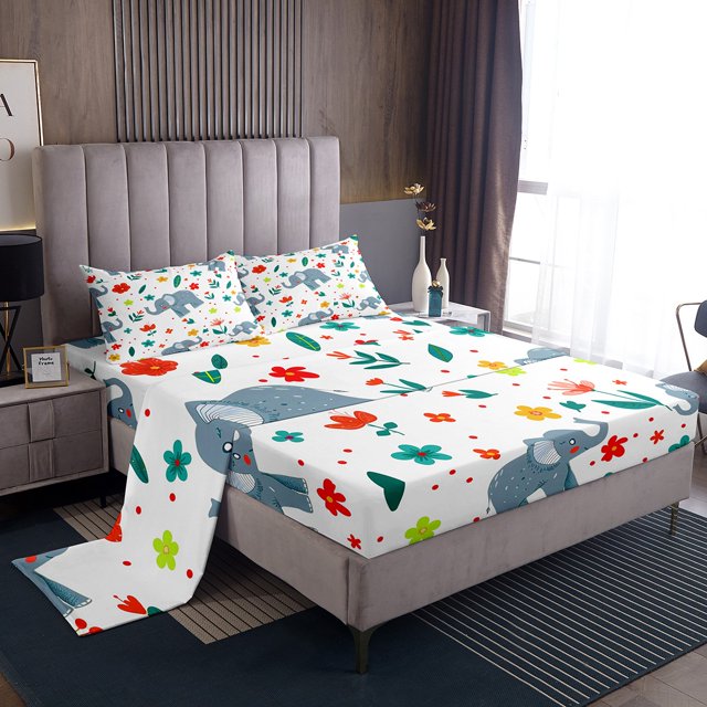 YST Elephant Sheet Set Queen Sheets For Girls Kids Cute Flower Animal Bed Sheet Set, Cartoon Zoo Animal Bedding Set Botanical Flower Pattern 3D Animal Flat Fitted Sheet With 2 Pillowcases