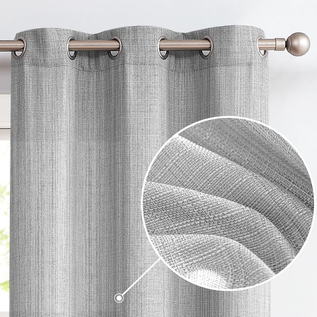 Curtainking Rideaux Texturés en Lin 63 Pouces en Gris Pâle, Présentant un design Semi-Transparent et Filtrant la Lumière avec une texture Tissée Décontractée. les Rideaux Ont des Oeillets Métalliques Intégrés Qui Conviennent aux Tringles jusqu'à 1,6 Pouce de Diamètre, Montrés Suspendus sur une Tringle à Rideaux. un Encart Gros Plan Met en Valeur la texture en Lin durable. Cet Ensemble Comprend Deux Panneaux Convenant aux Chambres, Salons, Pouponnières Ou studios.