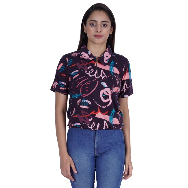 Moomaya Haut Court Imprimé pour Femmes Été Décontracté T-Shirt à Col à Fermeture à Glissière