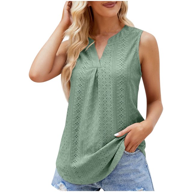 Timegard Womens Tank Tops Eyelet V Neck Ruched Tunic Tops Summer Beach Dressy Casual Solid Color Tee