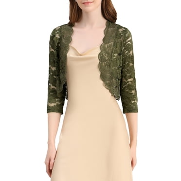 INSPIRE CHIC Women's Saint Patrick's Day Elegant 3/4 Sleeve Sheer Lace Floral Open Front Bolero Shrug Olive Green XS