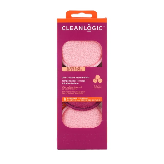 Cleanlogic Tampons pour le Visage à Double Texture en Emballage Violet et orange avec Deux Tampons Exfoliants Réutilisables Roses pour le Visage Présentant des textures Doubles pour Peau Sensible, Conçus pour Retirer le Maquillage et Nettoyer pour une Peau Plus Lisse et Éclatante, Convenant à Tous les types de Peau.