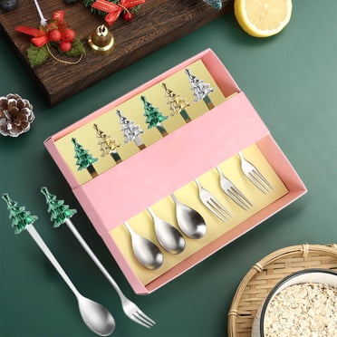 EGNMCR Christmas Decorations, Christmas Ornaments, Christmas Tree Cutlery Coffee Spoon Stainless Steel Spoon Fruit Fork Dessert Spoon Christmas Spoon Fork Gift Set Stainless Steel Cutlery