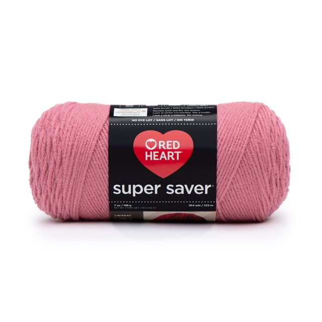 Red Heart® Super Saver® Yarn, Solid, Acrylic #4 Medium, 7oz/198g, 364 Yards, pink acrylic worsted weight yarn skein with black label featuring red heart logo and product information, machine washable and durable, often used for knitting, crocheting, and crafting projects