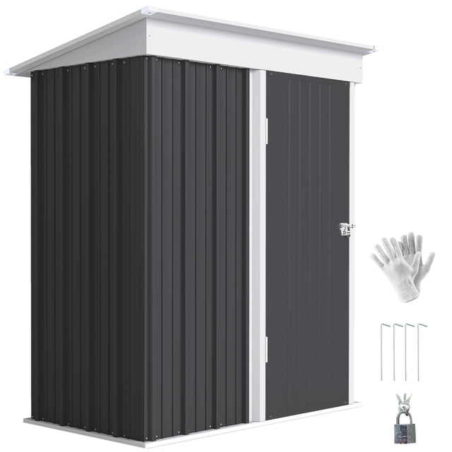 Outsunny Remise de Rangement Extérieure Petite 5 X 3 Pi avec Tablette Ajustable en Gris Foncé. une Remise en Métal en Acier Galvanisé avec Toit Imperméable et Porte Verrouillable pour la Sécurité. Idéale pour Ranger des Outils de Jardin, l'Équipement d'Entretien de Pelouse et des Fournitures d'Extérieur. Comprend des Gants de Protection, des Outils d'Assemblage et un Cadenas. Présente une Conception Adossée pour Économiser l'Espace et Favoriser la Stabilité.