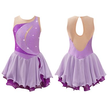 TiaoBug Robe Sans Manches en Maille Patchwork Brillante avec Strass pour Patinage Artistique, Robe Tutu de Ballet, Tenue de Danse Lavande 10