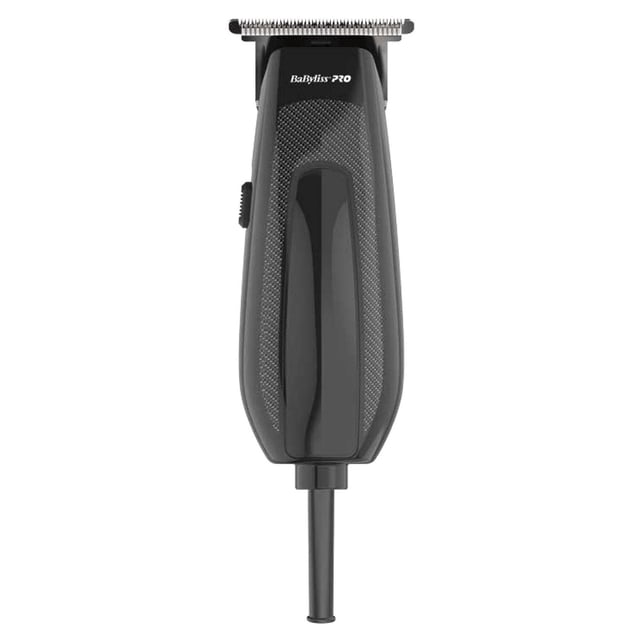 BaByliss PRO EDGEFX Lightweight Professional Trimmer with black textured body and stainless steel T-blade, shown top-down with corded power connection, ideal for beard detailing, fading, and precise grooming.