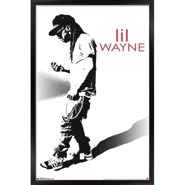 Lil Wayne - Hustle Wall Poster, 14.725" x 22.375" framed featuring a black and white halftone silhouette of Lil Wayne wearing a cap, t-shirt, pants with chains, and sneakers, looking at his phone with a long shadow on a white background and red text 'lil WAYNE'. This lightweight framed poster is easy to hang and ideal for home or office wall décor.