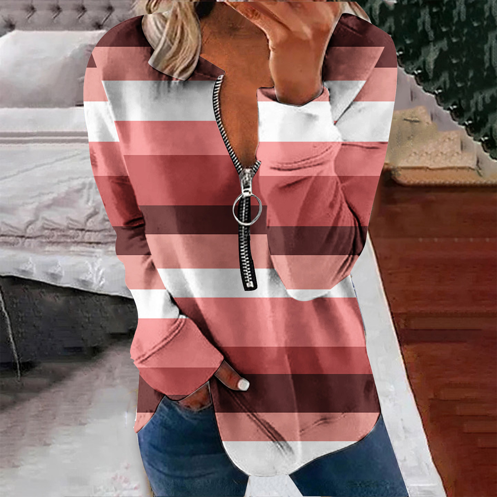 Liquidation à 50 % Chandail Surdimensionné pour Femmes 2023 Hauts Automne Manches Longues Chandail Ample Chemise Chic Décontractée Dames Chandails à Rayures à Col Rond