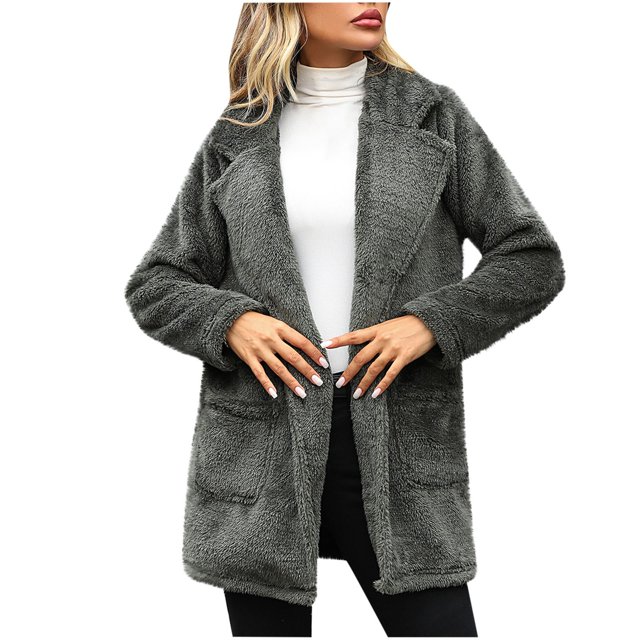 IROINID Veste Mi-Longue en Shearling pour Femmes Col à Revers Couleur Unie Manches Longues Loisirs Poche en Polaire Récréative, Vert Armée
