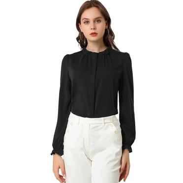 INSPIRE CHIC Blouse Haut à Col Montant à Volants Boutonné à Manches Longues pour Femme P Noir