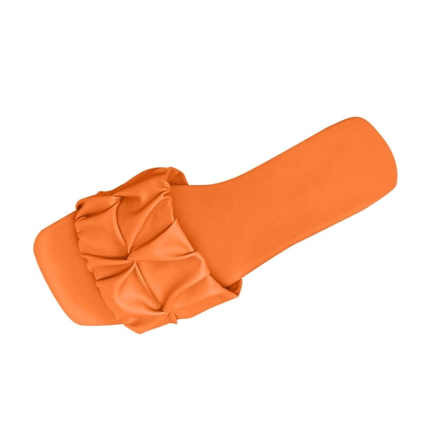 Womens Slide Sandals Flat Open Square Toe Fold Non Slip Casual Flat Sandals Orange