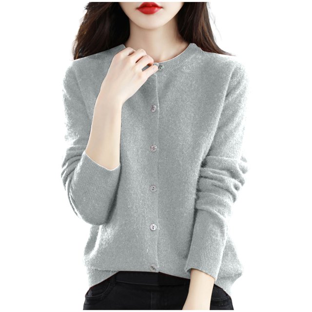 cfhntfmh Cardigan pour Femmes à Manches Longues, Hauts Doux, Col Ras du Cou, Uni, Manteau Chandail à Boutons, Automne 2024